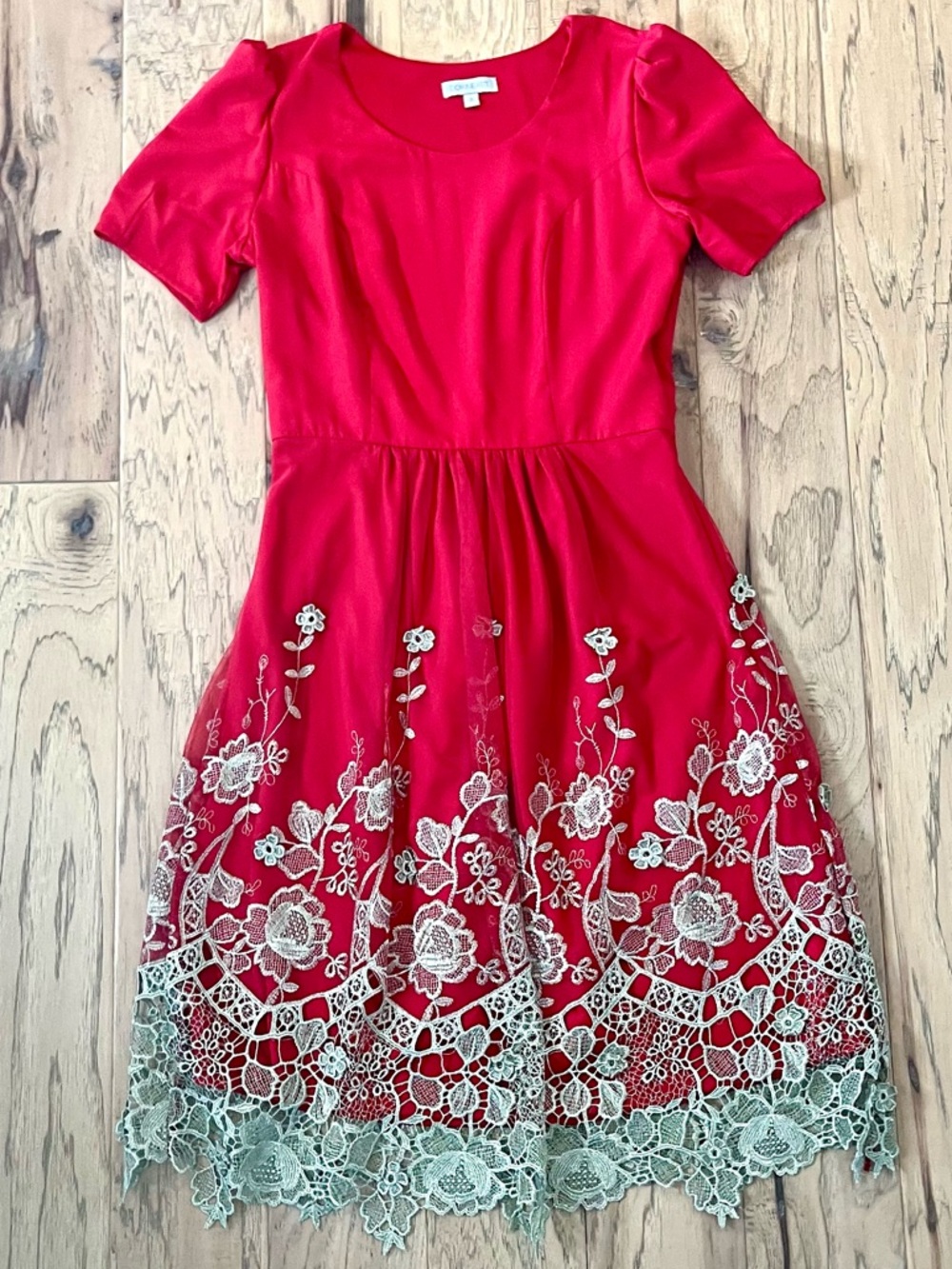 DownEast Red Dress with Tulle Skirt & Gold Lace Details, size S